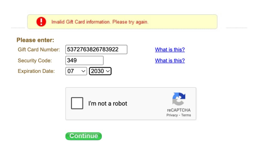 Vanilla gift card error messages and solutions