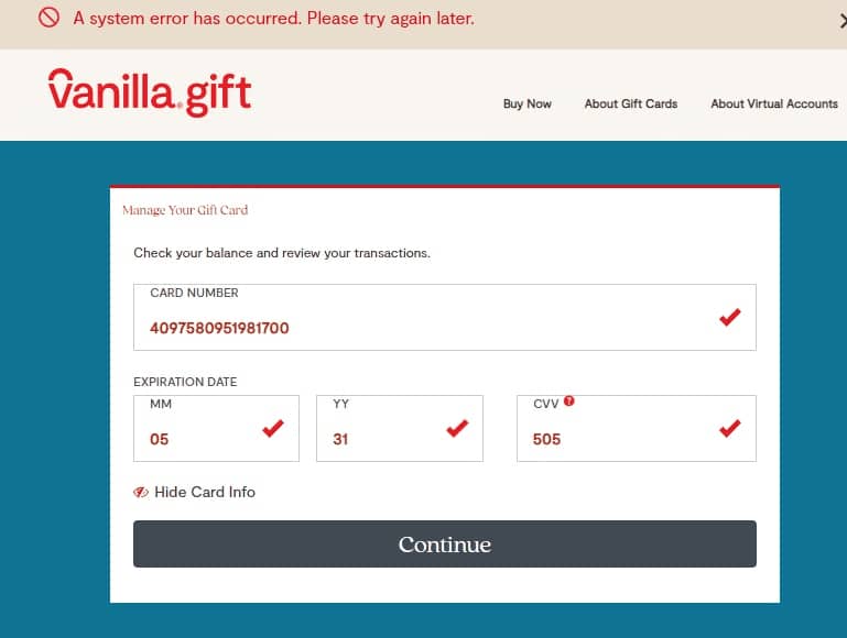 Vanilla gift card error messages and solutions