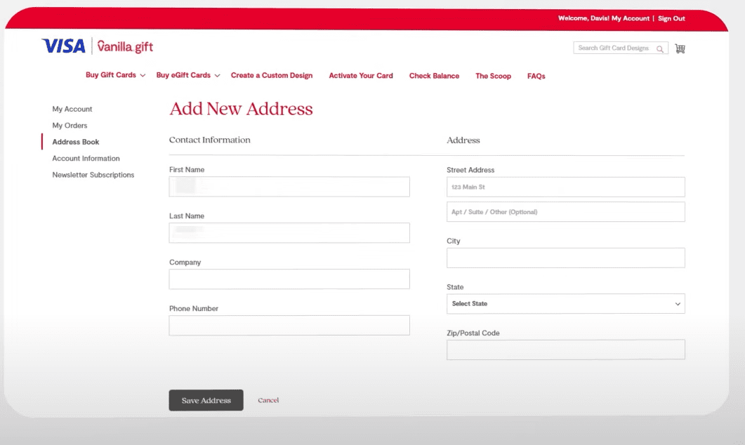 Set up billing address on Vanilla gift card