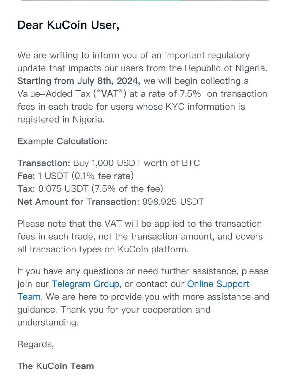 KuCoin 7.5% VAT for Nigerian users