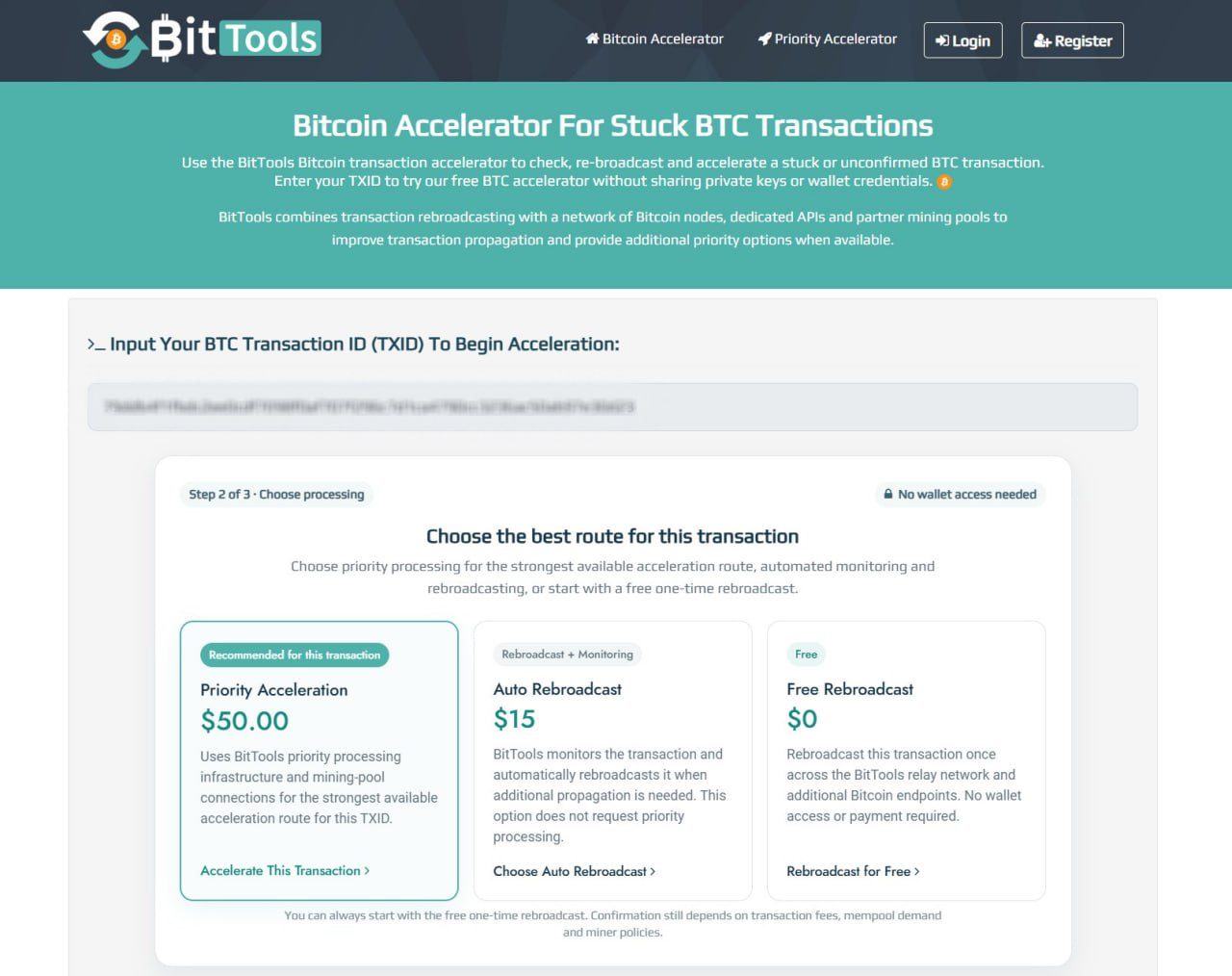 BitTools Bitcoin transaction accelerator showing free rebroadcast, Auto-rebroadcast, and Priority.