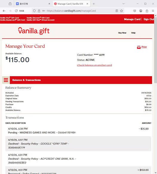 Vanilla gift card balance